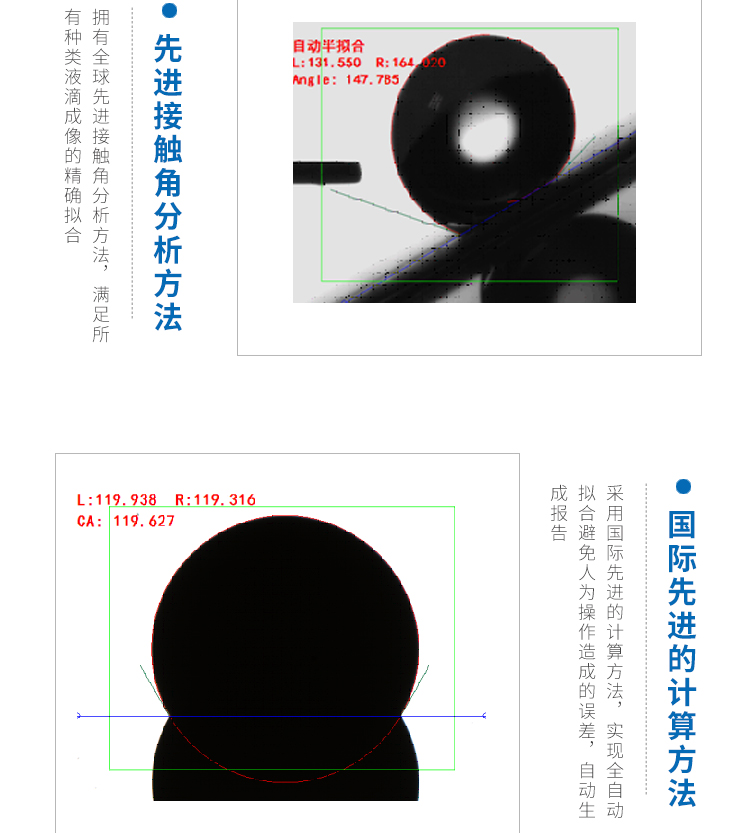 接触角测量仪 液体水滴角张力测试测定仪自动生成报告