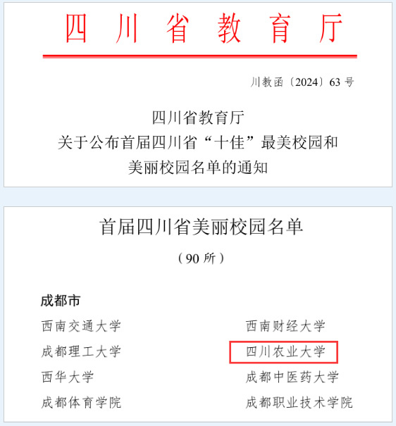 四川农业大学获评“首届四川省美丽校园”